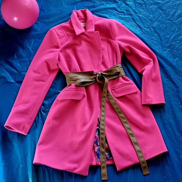 Skies Are Blue Jackets & Blazers - Pink Coat with Soft Vegan Leather Camel Belt